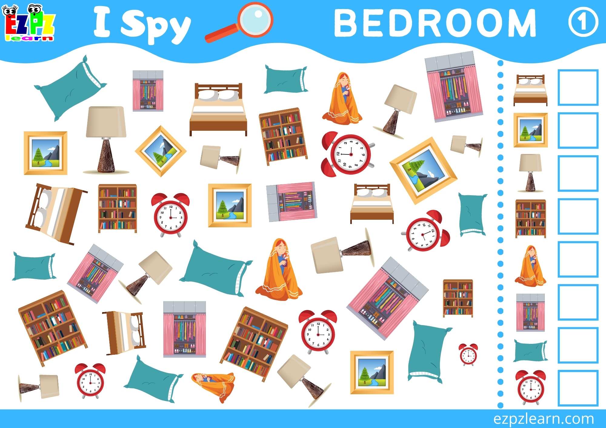 Bedroom Topic I Spy Game for kids Free PDF Download 